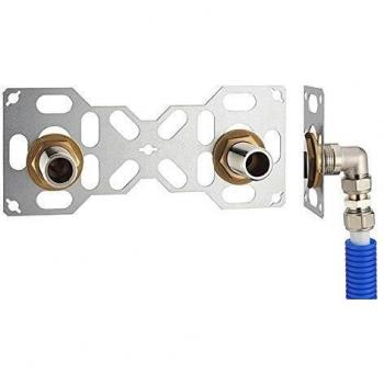 Kit Completo de Fijación Doble para Grifo Mural con Distancia entre Ejes de 150 mm y Codos de Alimentación por Compresión en Tubo Multicapa Ø16