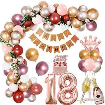 18 Decoraciones Cumpleaños para niñas, Globos Metálicos de Rosa Dorado Plateado Happy Birthday Pancarta Foil Globos Número 18 Cake Topper 2 m vid de flores para Decoración Fiesta Cumpleaños