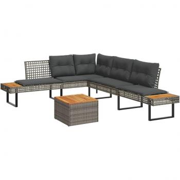 2-Piece Grey Poly Rattan Garden Sofa Set with Cushions and Acacia Wood