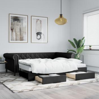 Sofá cama nido extraíble con cajones de cuero sintético negro 90x200 cm