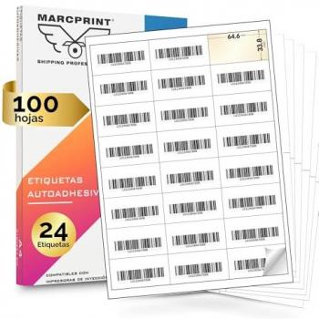 Etiqueta Adhesiva A4 MARCPRINT - 100 Hojas - Autoadhesivas para Impresoras de Láser y Tinta - 64,6 x 33,8 mm (24 etiquetas/hoja)