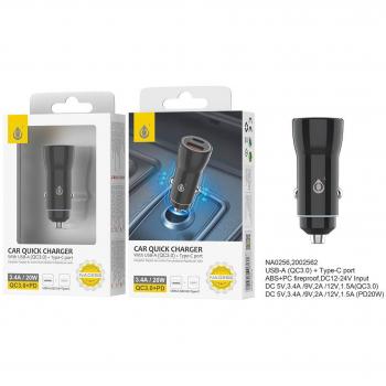 Cargador de Coche PD NA0256 Black - Cargador de Vehículo USB-C y USB-A 20W con Tecnología de Carga Rápida QC3.0, Puerto PD y Diseño Negro