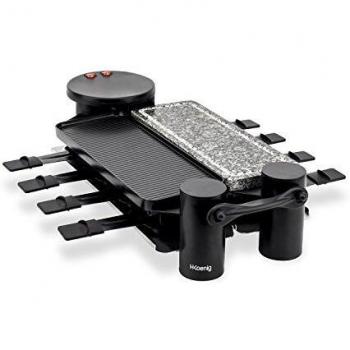 H.Koenig Raclette 8 Personas 3 En 1, Plancha con Piedra Natural, Grill Rp360, 1200 W, Acero Inoxidable, plástico, Gris/Negro