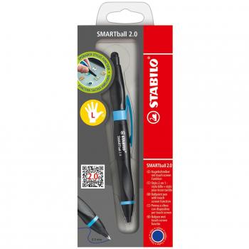 STABILO SMARTball 2.0 - Bolígrafo retráctil ergonómico con puntero para pantallas táctiles - Tinta azul - Cuerpo negro/azul - Modelos para ZURDOS