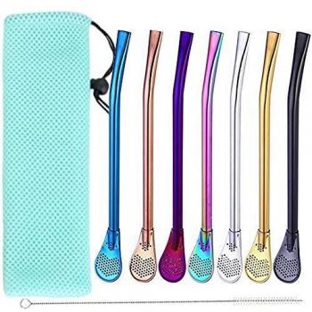 Juego de 7 pajitas de Acero Inoxidable, cucharas de Metal Lavables con 1 Cepillo de Limpieza para té Yerba Mate Paja Gourd Bombilla Filtro Cuchara