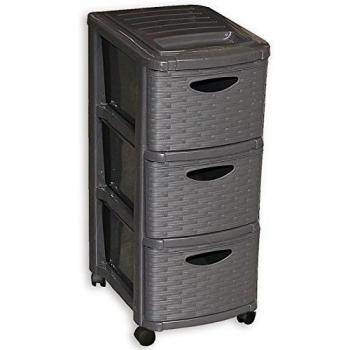 mondex PLS6246-15 – Torre de almacenaje, Efecto de ratán, con 3 cajones y Ruedas de plástico, 29 x 38 x 66 cm, plástico, Color Madera Oscura, 66 cm