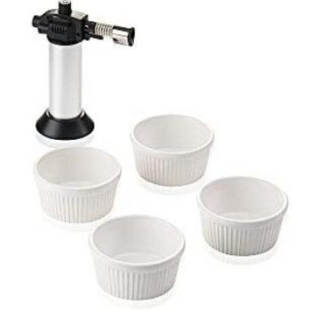 Leifheit Set soplete flambeador y 4 pequeños cuencos para créme brûlée y otros usos, mechero soplete seguro y fácil de usar para repostería, flambeador rellenable con butano