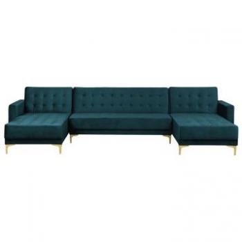 Sofá Cama Modular en U de Terciopelo Verde Azulado con Chaise Longue y Capacidad para 5 Personas
