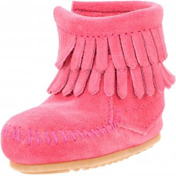 Minnetonka Kids' Side Zip Double Fringe Moccasins - Hot Pink Suede, Unisex, Size 3 Youth M