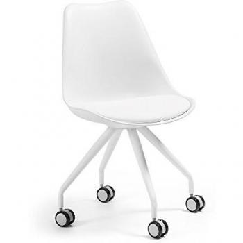 Kave Home - Silla de Oficina Ralf Blanca de Piel sintética y Patas de Acero en Blanco con Ruedas