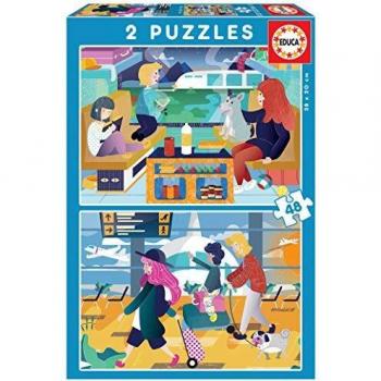 Educa - En el Aeropuerto + en el Tren 2 Puzzles de 48 Piezas, Multicolor