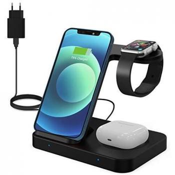 POWERGIANT Cargador inalámbrico 3 en 1， Cargador iPhone Watch，Qi 15W Base Carga iPhone con Apple iWatch 6/5/4/3/2/1, Galaxy Buds, Airpods Pro, iPhone 12/11/11 Pro/XS/XR/X/8