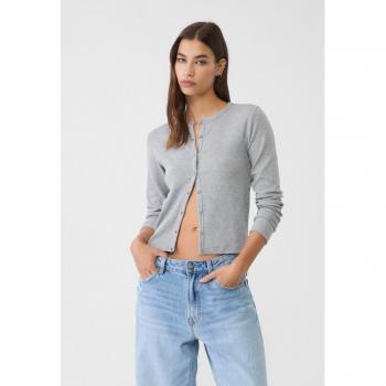 Grey Melange Long Sleeve Button T-Shirt L