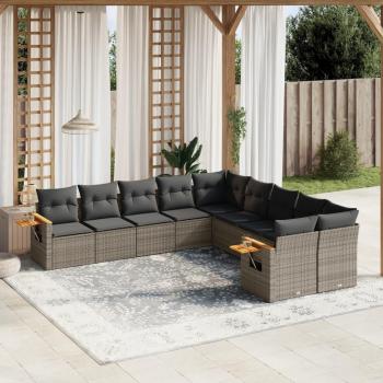 10-Piece Grey Poly Rattan Garden Sofa Set with Cushions
