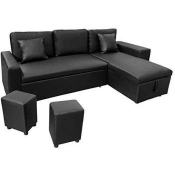 Sofá convertible TONY 3 plazas negro con chaise longue reversible y compartimento de almacenamiento