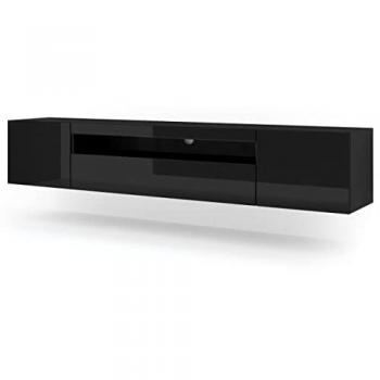 Mueble TV Aura 200 cm con LED, Negro Brillante y 3 Puertas de Madera, Dimensiones: L 200 x P 37 x H 36-42 cm
