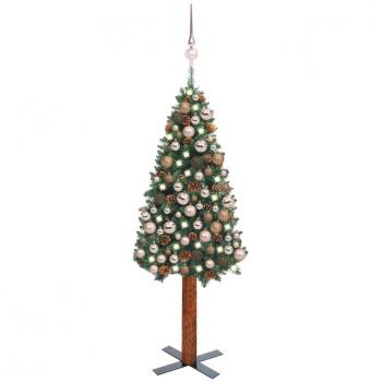 Árbol de Navidad artificial estrecho con LED y bolas verdes PVC 150 cm