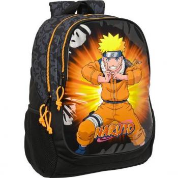 Mochila Escolar con Carro Safta Naruto - Adaptabilidad a Carro, Bolsillos Laterales Portabotellas, Color Negro y Naranja