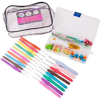CrochetMaster - Juego de ganchillo de 96 piezas con 18 ganchillos con mango ergonómico y aguja de aluminio, para trabajar de forma indolora + 76 accesorios de punto/ganchillo + Bonita bolsa de viaje