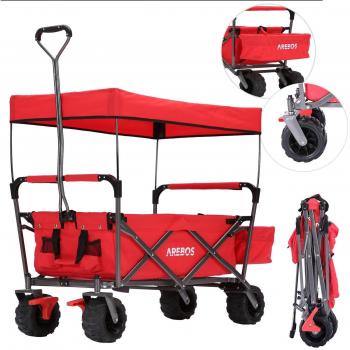 AREBOS Carro de Mano Plegable Standard con Techo, Carga 100 kg, Barra Telescópica para Empujar, Ruedas Giratorias de 360° con Freno