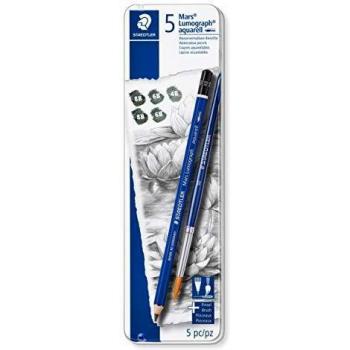 Staedtler Mars Lumograph 100A G6. Pack de 5 lápices acuarelables de distinta dureza, con pincel incluido.