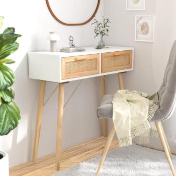 Mesa Consola Blanca 80x30x75 cm de Madera Maciza de Pino y Ratán Natural