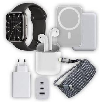 Kit Esencial Klack para iPhone: Smartwatch T500 Plus Negro, Cargador Universal 65W, Auriculares Bluetooth Inalámbricos, Powerbank MagSafe 5.000 mAh y Cable Tipo C - Lightning de