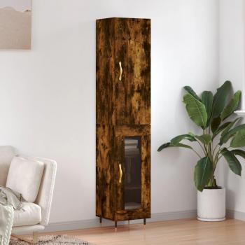 Aparador de madera contrachapada 34,5x34x180 cm con 1 puerta de cristal en roble ahumado, mueble de almacenaje para salón, buffet y armario auxiliar