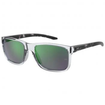 Under Armour Hustle Sunglasses, Crystal-Havana Black Temples/Grey Frame with Green Mirror Lens, Medium size (58 MM), Model UA0005S MNG-Z9