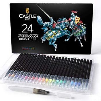 Castle Art Supplies estuche de 24 rotuladores de acuarela con punta de pincel. Rotuladores vibrantes con punta de pincel de nylon flexible para libros de colorear, caligrafía, dibujo y escritura