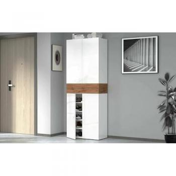 Zapatero Multifuncional Moris, Ahorra Espacio con 5 Puertas, 76x38x200 cm, Blanco y Roble