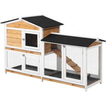 PawHut Conejera de Madera Exterior Jaula para Conejos de 2 Niveles con Techo Asfáltico 2 Corrales de Metal Bandeja Extraíble 157,4x53x