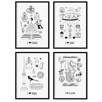 Set de Láminas Asia - Pósters Decorativos de Países y Ciudades del Mundo para Viajeros - Tamaño A3