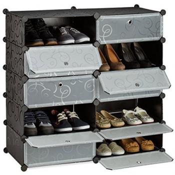 Zapatero Modular de Plástico Negro con 10 Compartimentos, Dimensiones 90x94x37 cm
