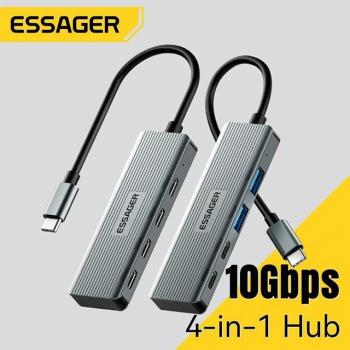 Adaptador Divisor Portátil Essager 4 en 1 Tipo C a USB Hub de 4 Puertos USB 3.2 Gen 2 para MacBook Pro Color Gris