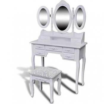 vidaXL Tocador con Taburete y 3 Espejos Mesa de Maquillaje con Asiento Mueble de Vestido Mesita Cosméticos de Habitación Cómoda Madera de Abeto