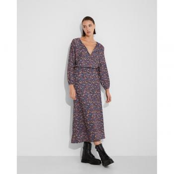 Vestido largo floral con manga larga abombada, fruncido en cintura y cuello en V con cordón