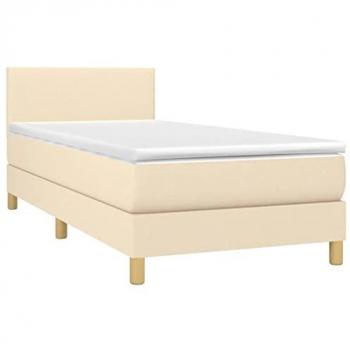 Cama box spring colchón y luces LED tela color crema 90x190 cm