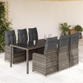 7-Piece Grey Poly Rattan Garden Bistro Set with Cushions