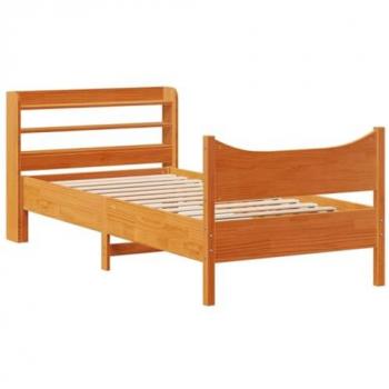 Estructura de cama con cabecero de madera de pino macizo en color marrón, dimensiones 100x200 cm, acabado en cera