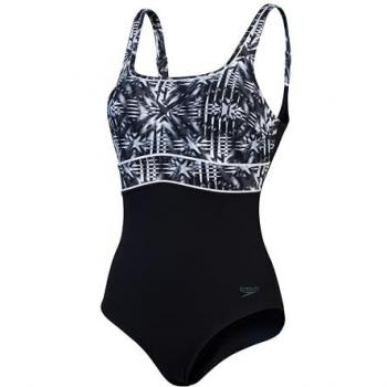 Speedo Bañador Moldeador ContourEclipse para Mujer, Estampado, 1 Pieza, Efecto Moldeador, Negro/Gris Óxido/Blanco, Talla 44