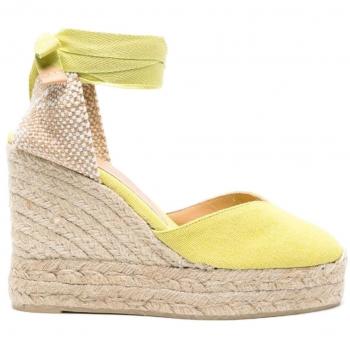 Alpargatas Chiara de Castañer en algodón orgánico con cuña y lazada, color verde.