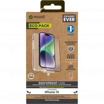 Muvit for Change Funda Shockproof 2M para Apple iPhone 15 con Protector de Pantalla de Vidrio Templado Plano y Marco Negro
