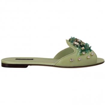 Dolce & Gabbana Green Leather Crystals Slides Women Flats Shoes - EU39/US8.5