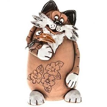 Ceramics World Art-030112 Hucha con forma de gato con diseño de Cuervo, hecho a mano