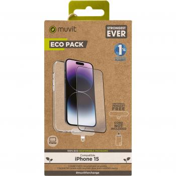 Muvit for Change Funda con Marco Negro + Protector de Pantalla Vidrio Templado Plano Compatible con Apple iPhone 15