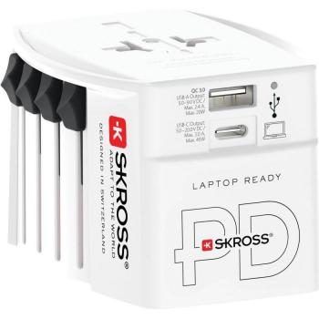Adaptador de viaje Skross MUV AC45PD con 2 puertos USB (1x USB-C y 1x USB-A) y salida de 45W para dispositivos de 2 pines