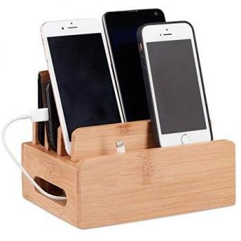 Estación de Carga de Bambú para Escritorio, Soporte para 6 Dispositivos, Caja Organizadora de Cables, 9 x 17 x 13 cm, Natural