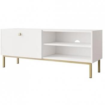 Mueble TV Comfivo AB103, Blanco, 120 x 48 x 35 cm, con estructura de metal y tiradores metálicos