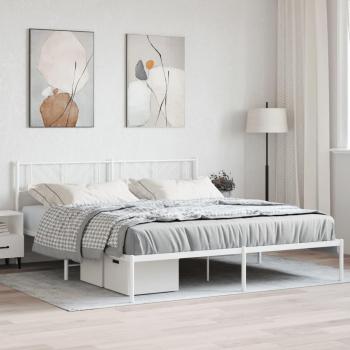 Cama con estructura de metal blanca y cabecero, tamaño 200x200 cm